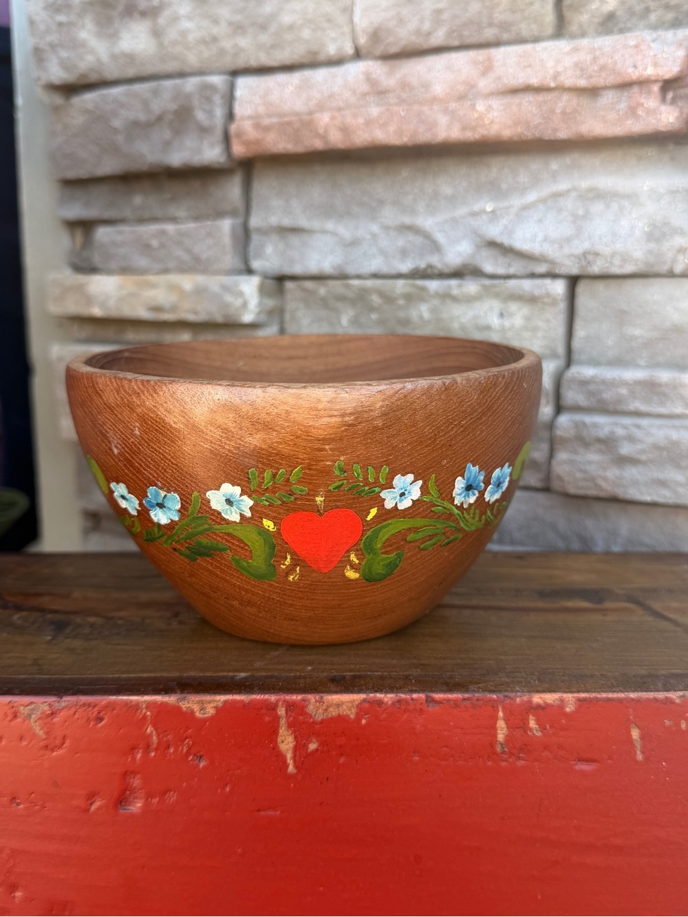 Hand-Painted Wooden Decorative Bowl with Red Heart and Blue Flowers
